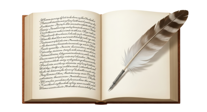 Isolated quill feather resting on open book writing calligraphy, historical wisdom