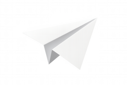 White paper airplane icon representing mail, send, communication, freedom, flight, and travel, transparent background