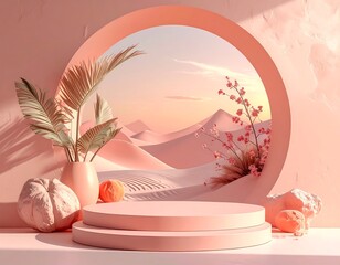 Pastel pink desert scene with display podium