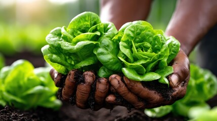 A close-up capture of hands cradling fresh lettuce, showcasing the earthy soil, representing growth, nurture, and the rewarding connection between nature and humanity.