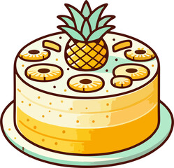 Pineapple Cake with Whole Fruit and Slices – Cartoon Vector Dessert Illustration on Plate