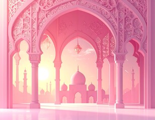 Pastel pink Islamic architecture with sunrise