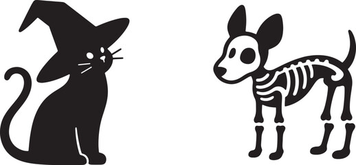 Scary Pet Icons Vector: Halloween Black White Costume Silhouette Bundle and cat as witch, dog as skeleton, hamster in pumpkin.
