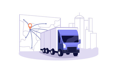 Concept of cargo delivery, international freight transportation. Logistics service. Lorry of supply. Shipping by truck for import and export. Flat isolated vector illustration on white background.