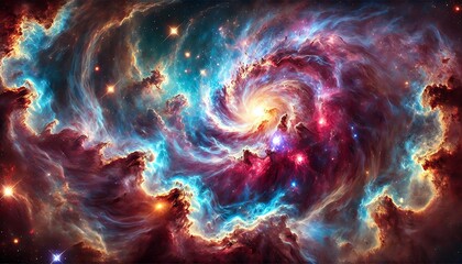 A breathtaking deep-space nebula with swirling cosmic clouds of gas and dust, illuminated by vibrant colors including shades of purple, pink and blue