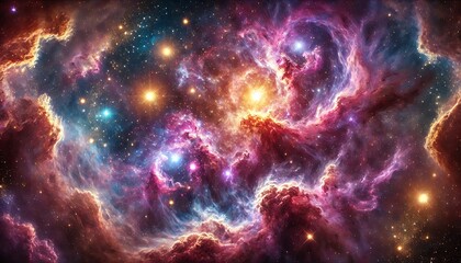 A breathtaking deep-space nebula with swirling cosmic clouds of gas and dust, illuminated by vibrant colors including shades of purple, pink and blue