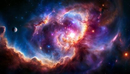 A breathtaking deep-space nebula with swirling cosmic clouds of gas and dust, illuminated by vibrant colors including shades of purple, pink and blue