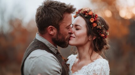 A tender image capturing a loving couple sharing an intimate moment during sunset, surrounded by an autumn landscape adorned with colorful foliage and warm lighting.