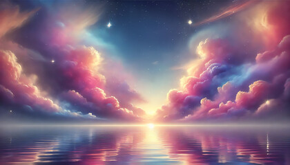 A dreamy, soft-focus twilight sky with pastel-colored clouds. The clouds have a smooth and ethereal texture, blending hues of deep purples and soft pinks