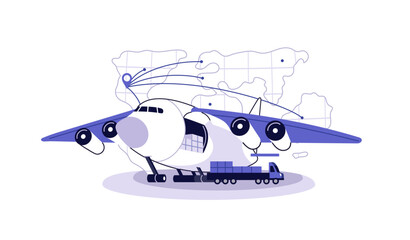 Concept of logistics and delivery by cargo aircraft. International import and export of freights by airplane. Shipment and loading of transport, plane. Flat isolated vector illustration on white.