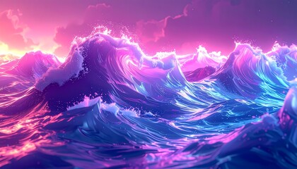 Obraz premium Dynamic Ocean Waves Glowing in Neon Pink and Blue Hues Under a Vibrant Sunset Sky, Abstract Digital Art Background.