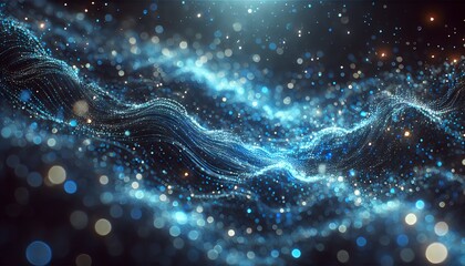 A mesmerizing wave of sparkling blue particles floating in a dark, cosmic atmosphere