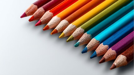 Colored pencils arranged diagonally on a white surface