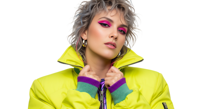 Woman with crimped hair wearing a neon jacket poses confidently against a white background showcasing vibrant makeup and bold style