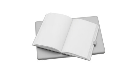 Isolated open notebook on top of a laptop in silver with blank pages for writing and notes