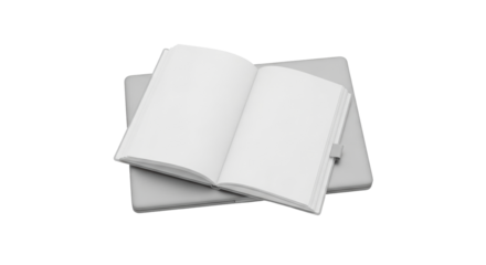 Isolated open notebook on top of a laptop in silver with blank pages for writing and notes