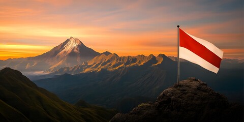 Indonesian flag in the mountains at sunset.