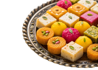 Group of Indian assorted sweets or mithai with diya