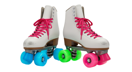 Roller skates with neon wheels showcase 1980s style against a simple white background
