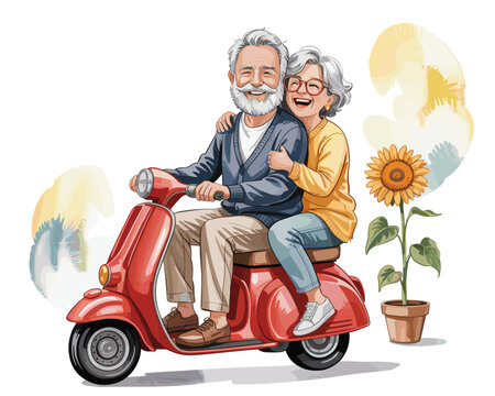 Elderly Couple Enjoying a Joyful Scooter Ride Together - Powered by Adobe