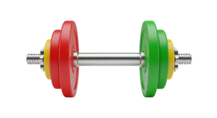 Isolated barbell, with red, yellow, and green plates for strength, weights and muscle workout