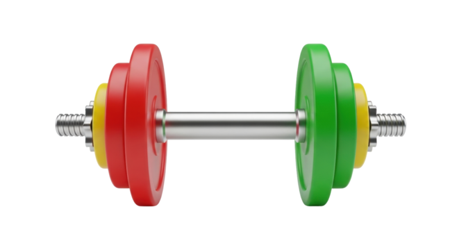 Isolated barbell, with red, yellow, and green plates for strength, weights and muscle workout