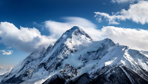 Majestic Snowy Mountain Peak Against A Deep Blue Sky With Dramatic Clouds