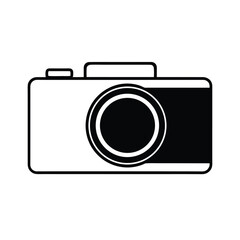 Minimalist black camera silhouette icon on a clean white background