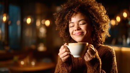 A joyful woman cradles a steaming cup of coffee in a warm, cozy ambiance, cherishing the simple pleasures of life and the comfort of a favorite café on a relaxed day.