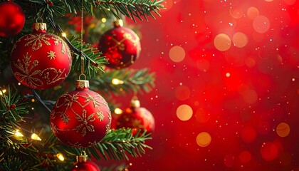 Naklejka premium Festive Christmas tree branch decorated with shiny red ornaments and glowing lights on a sparkling red bokeh background