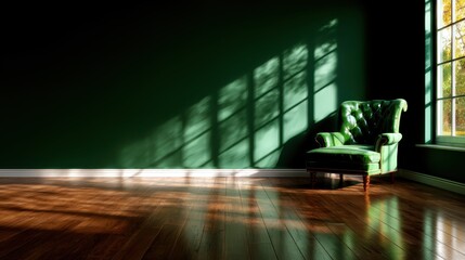 Obraz premium A stunning green armchair sits elegantly in a well-lit room, casting intricate shadows across a polished wooden floor, creating a tranquil atmosphere for relaxation and reflection.