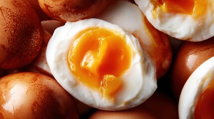 A visually appealing pile of perfectly boiled eggs showcases their smooth texture and rich, golden yolks, symbolizing nourishment and culinary versatility in exquisite detail.
