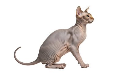 Isolated adult male sphynx cat sitting and looking to the right with a curious expression
