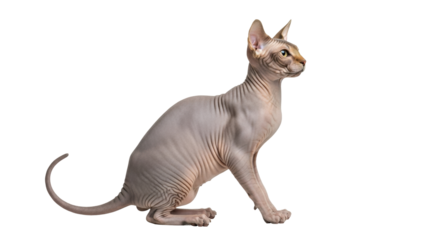 Isolated adult male sphynx cat sitting and looking to the right with a curious expression