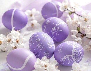 Pastel purple eggs and spring blossoms