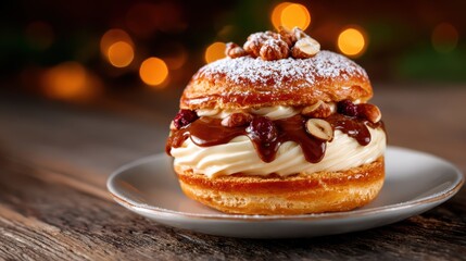 This exquisite dessert, featuring creamy filling topped with nuts and surrounded by a soft pastry, is an irresistible indulgence for sweet lovers and dessert enthusiasts.