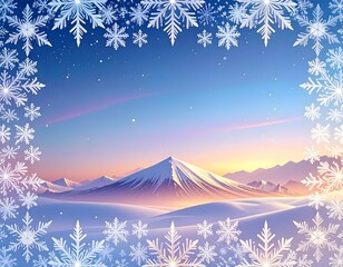 Snow covered mountain range at sunrise with winter snowflakes