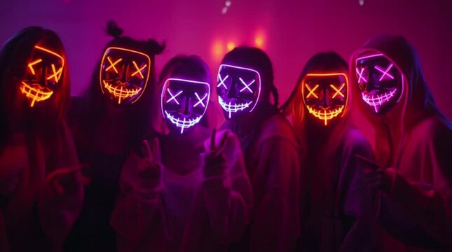Group of people wearing neon masks for halloween or purge themed party