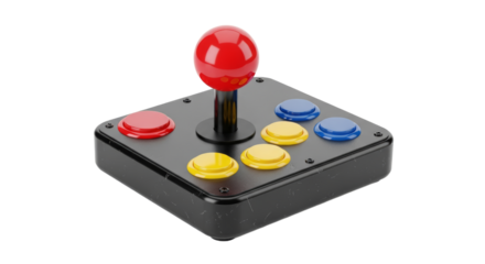 Retro arcade joystick from the 1980s on a white background showing vibrant colors and classic gaming design