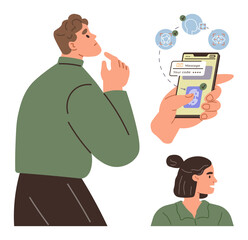 Man thinking, woman observing, hand holding smartphone using biometric fingerprint and code verification. Ideal for technology, security, privacy, authentication, innovation, access control