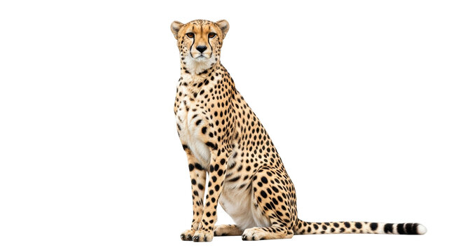Isolated cheetah sitting, spotted coat, gazing forward, feline predator, animal portrait, nature wildlife