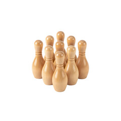 A classic tenpin bowling set made of natural polished light wood with a visible grain arranged in a triangular formation.