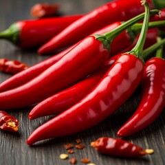 Red Chili Peppers On Dark Wooden Surface.