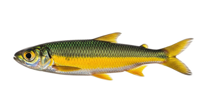 Isolated Characidae with vibrant colors, golden and green, against a neutral backdrop, macro view