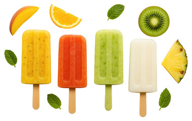 Assortment of colorful fruit popsicles and fresh fruit slices arranged on a white background ice pop isolated on a transparent background