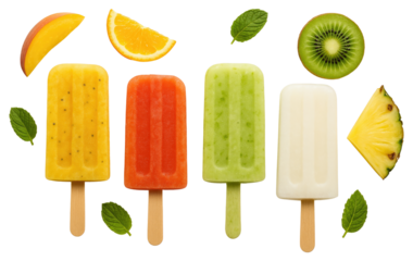 Assortment of colorful fruit popsicles and fresh fruit slices arranged on a white background ice pop isolated on a transparent background