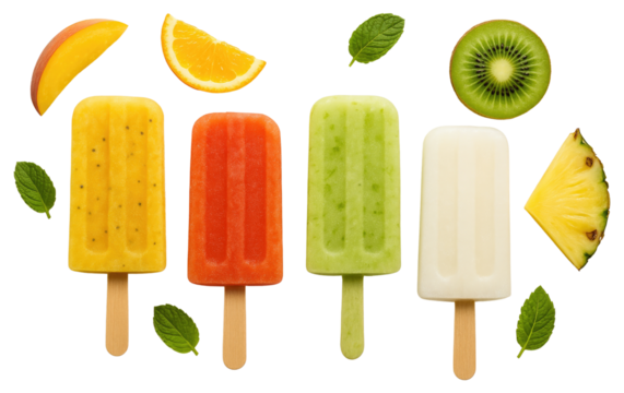 Assortment of colorful fruit popsicles and fresh fruit slices arranged on a white background ice pop isolated on a transparent background