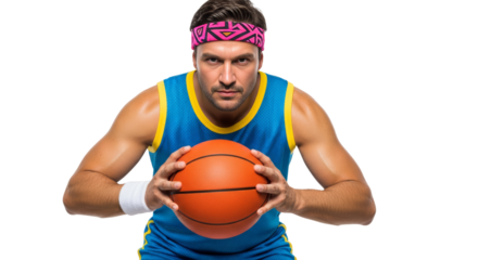 Man in retro sports outfit holds basketball against a plain white background emphasizing 80s style and athleticism