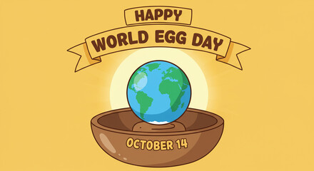 Celebrate World Egg Day on October 14th with this cheerful illustration featuring a globe egg in a bowl, perfect for holiday greetings and promotional materials