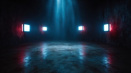 An eerie, dimly-lit room features glowing screens, creating an atmosphere of intrigue and technology, evoking emotions of curiosity and contemplation in the observer.